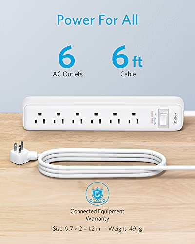 ANKER SURGE PROTECTOR (2 × 900 JOULES), POWEREXTEND STRIP 6 OUTLETS - WHITE