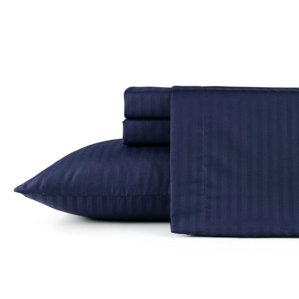 BIBB HOME 1500 COUNT DAMASK STRIPE 4 PIECE SHEET QUEEN SET - NAVY New