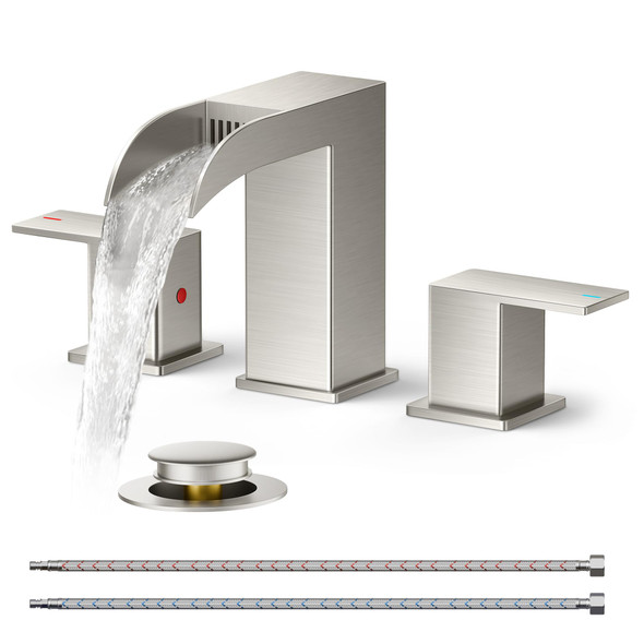 FORIOUS Bathroom 3 Hole Brushed Nickel Waterfall Sink Faucet Pop-up Drain