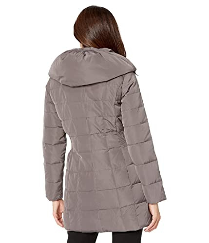 COLE HAAN WOMEN'S TAFFETA DOWN COAT BIB FRONT DRAMATIC HOOD SIZE : L - CARBON