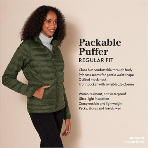 AMAZON ESSENTIALS WOMEN LIGHTWEIGHT PUFFER JACKET 2XL DARK OLIVE