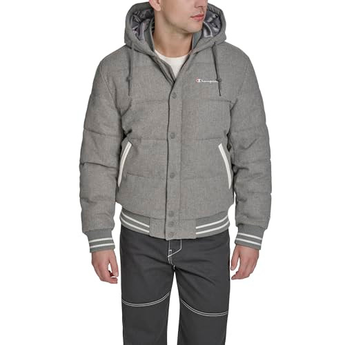 C1J05034 Champion Men's Varsity Bomber Puffer Jacket Heather Grey Wool Hoody L New