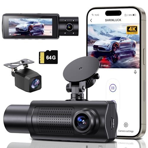 SHRINLUCK 4K+1080P+1080P 5.8GHZ WIFI DASH CAM FRONT REAR INSIDE FREE 64G - BLACK