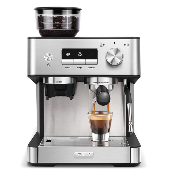 GEVI 20 BAR ESPRESSO MACHINE WITH GRINDER & MILK FROTHER - SILVER