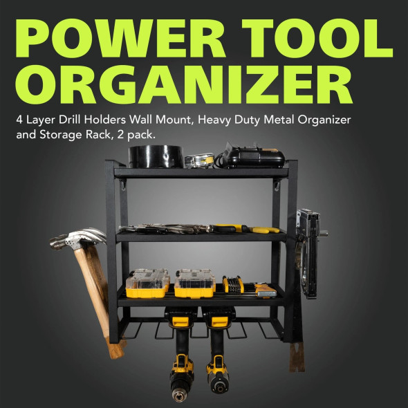 PEARINGTON WALL MOUNT POWER TOOL ORGANIZER 2 PACK 4-LAYER DRILL RACK - BLACK