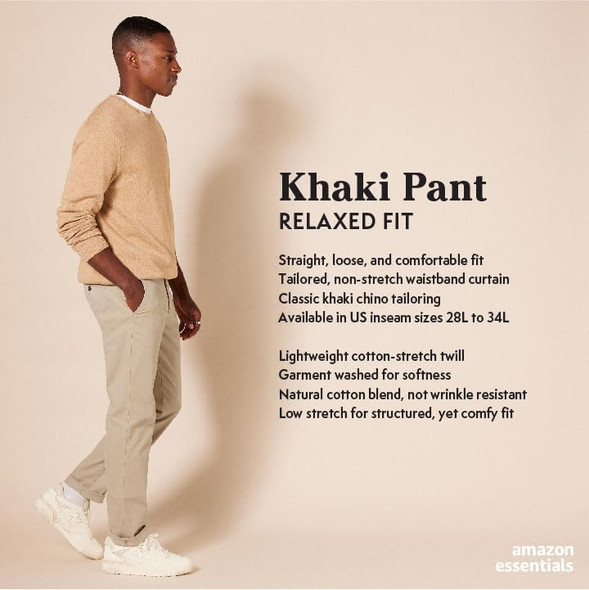AMAZON ESSENTIALS MEN'S CASUAL STRETCH CHINO PANT-33WX29L - TAN New