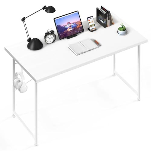 YSSOA SMALL SPACE WRITING DESK WITH HEADPHONE HOOKS MODERN HOME OFFICE - WHITE