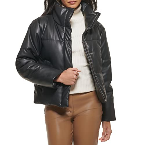 LEVI'S WOMEN'S VEGAN LEATHER QUILTED SHORT PUFFER JACKET - WOMEN M - BLACK New