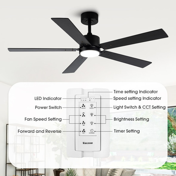 VACZON 52-IN BLACK WITH BLACK/BROWN WOOD BLADES LED CEILING FAN - BLACK New