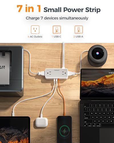 TESSAN Flat Plug Extension Cord 10FT Surge Protector Power Strip, 900 Joules