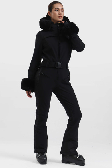 GSOU SNOW FAUX FUR SHIRRED WATERPROOF ONE-PIECE SKI SUIT - SIZE: S - BLACK New