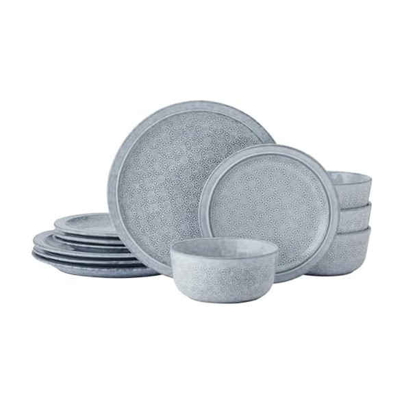 Pfaltzgraff Blooming Meadow 12 Piece Plates Bowls Dinnerware Set, Service 4 Blue