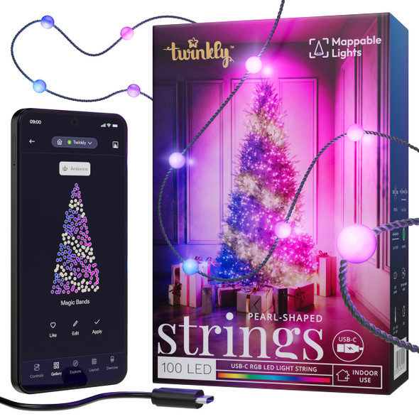 TWINKLY STRINGS USB-C PEARL LIGHT GRN WIRE USB-C POWERED DECORATION PEARL
