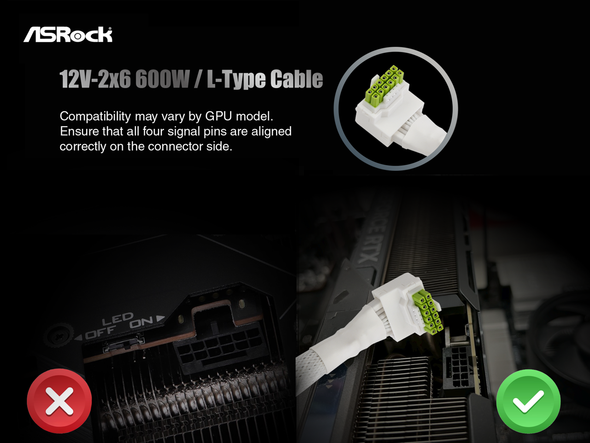 ASRock 12V-2x6 600W PCIe 5.1 GPU Power Cable, Right Angle (L-Type), 2.3ft,