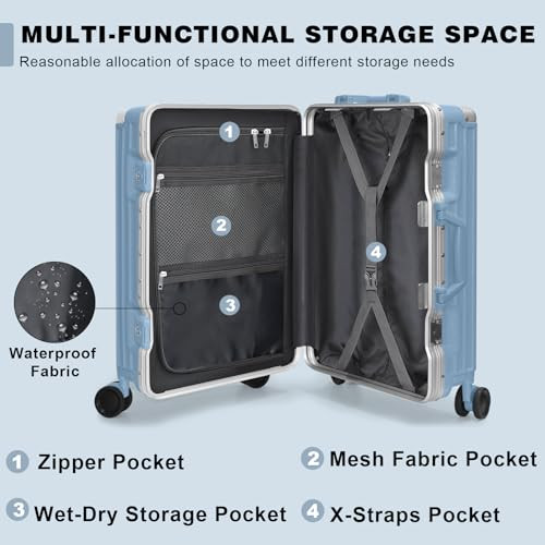 ANYZIP CARRY ON LUGGAGE PC+ABS ALUMINUM FRAME HARD SHELL TSA LOCK 20 HAZE BLUE New