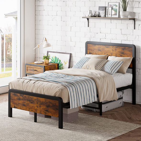 IDEALHOUSE TWIN BED FRAME VINTAGE WOOD HEADBOARD PHO-OWDRCYRM - RETRO BROWN