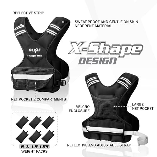 YES4ALL ADJUSTABLE WEIGHTED VEST 11-20LBS REFLECTIVE STRIP BLACK