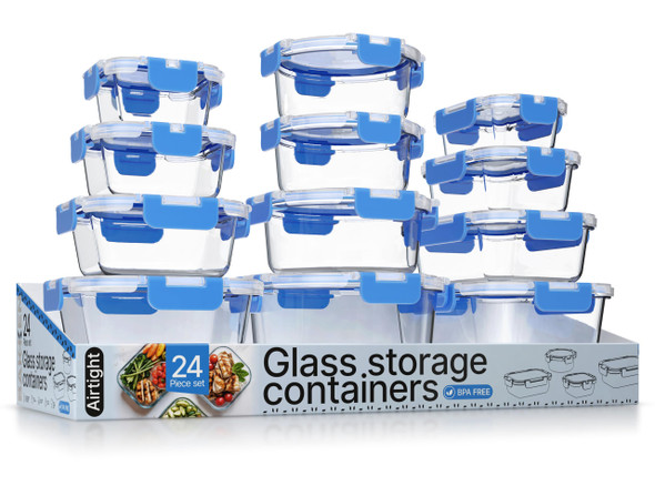 BAKKENMASTER BOROSILICATE GLASS FOOD STORAGE CONTAINERS WITH LIDS 24 PIECES
