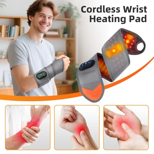 DEMOCE CORDLESS HEATED WRIST BRACE WITH RED LIGHT THERAPY, WRIST MASSAGER - GRAY