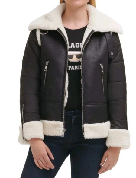 KARL LAGERFELD PARIS FAUX SHEARLING BOMBER JACKET - SIZE: WOMEN XL - BLACK/CREAM New