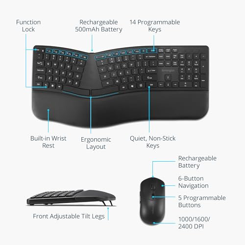 KENSINGTON PRO FIT ERGO KM680 EQ WIRELESS KEYBOARD AND MOUSE DESKTOP K72486NA New