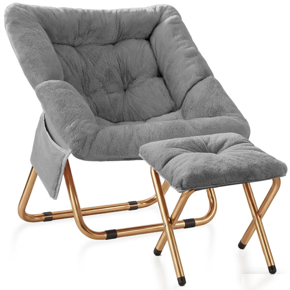 KASUNPUL COMFY SAUCER CHAIR FOLDABLE LIVING ROOM CHAIRS SOFT FAUX FUR - GRAY