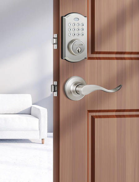 ELAMOR M19 KEYLESS ENTRY DOOR LOCK WITH 2 LEVER HANDLES KEYHOLE - SAND NICKEL