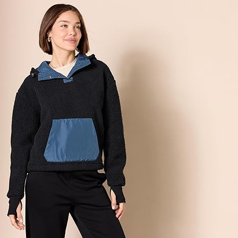 AMAZON ESSENTIALS WOMEN'S TEDDY FLEECE QUARTER HOODED JACKET - SIZE: L - BLACK New