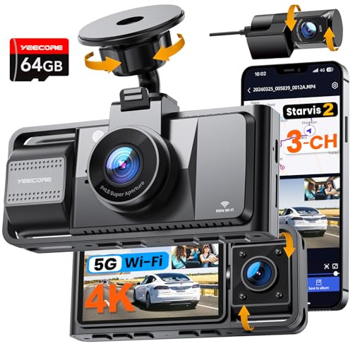 YEECORE Real 4K 3 Channel Dash Cam Front Rear Inside IR Night Vision D53 - Black