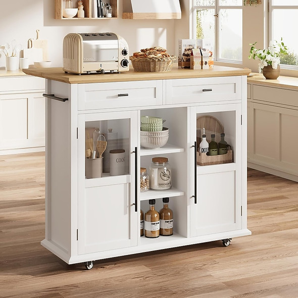 GARVEE KITCHEN ISLAND CART ON WHEELS FOLDABLE TABLE 2 -TIER - WHITE