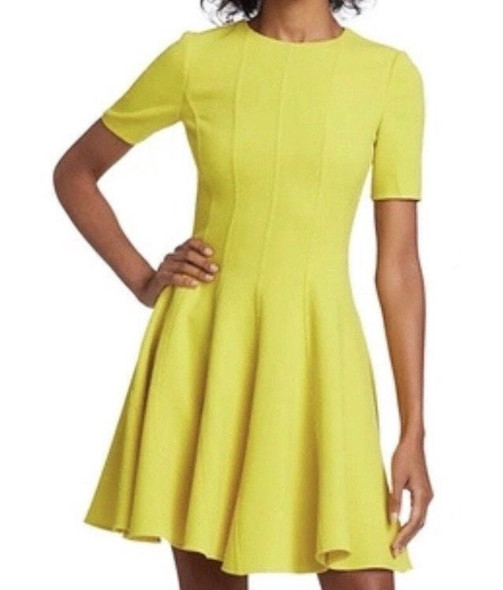 OSCAR DE LA RENTA SHORT SLEEVE FLARED PANEL DRESS CREPE SIZE 4 - LEMON YELLOW