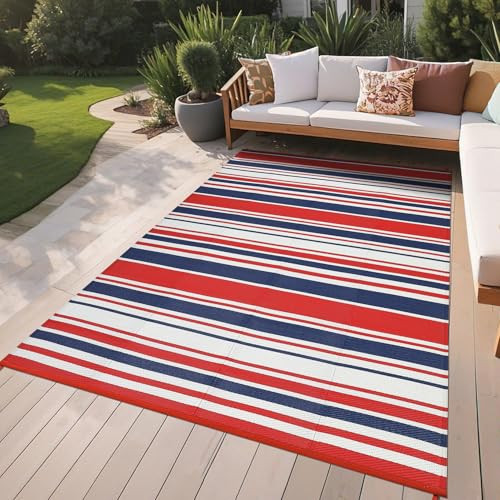 GarveeHome Outdoor Rug Mat for Patio, 8x10 Plastic Straw Rug, Modern Striped New