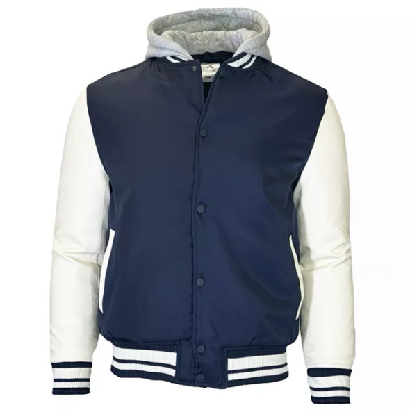 FORMAKER MEN'S HOODED VARSITY JACKET W/ DETACHABLE HOOD - SIZE: XL - NAVY WHITE