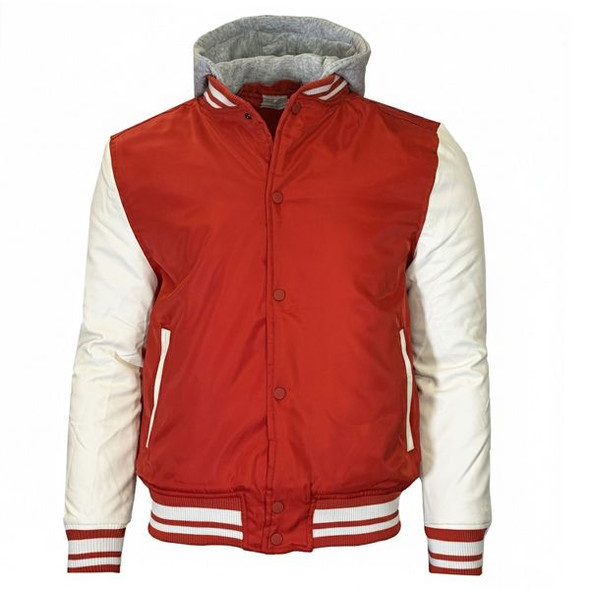 GALAXY BY HARVIC FORMAKER HOODED VARSITY JACKET DETACHABLE HOOD XL - RED/WHITE