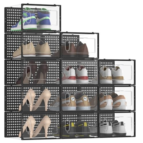 FKPRORJV 12 Pack Large Shoe Storage Box Organizer Closet, Plastic - Black/Clear