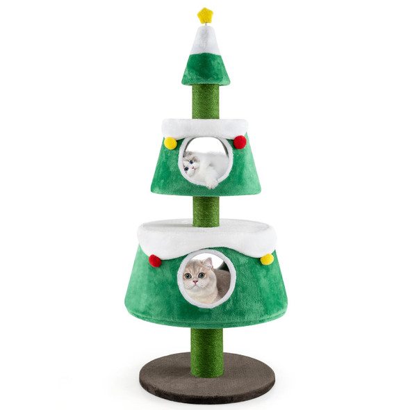 PETSITE 60" CUTE CAT CHRISTMAS TREE TOWER WITH 2 CONDOS, BED - GREEN