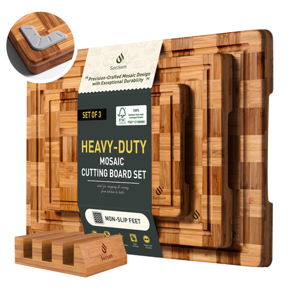 3 Pack Heavy Duty Bamboo Cutting Board Set Non Toxic Kitchen Non Slip