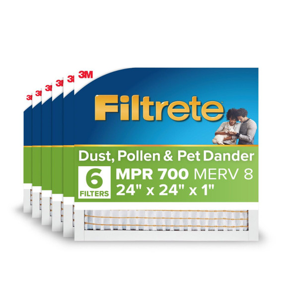FILTRETE 24" X 24" X 1" AC FURNACE AIR FILTER, MPR 700, MERV 8, 6 PACK WHITE New