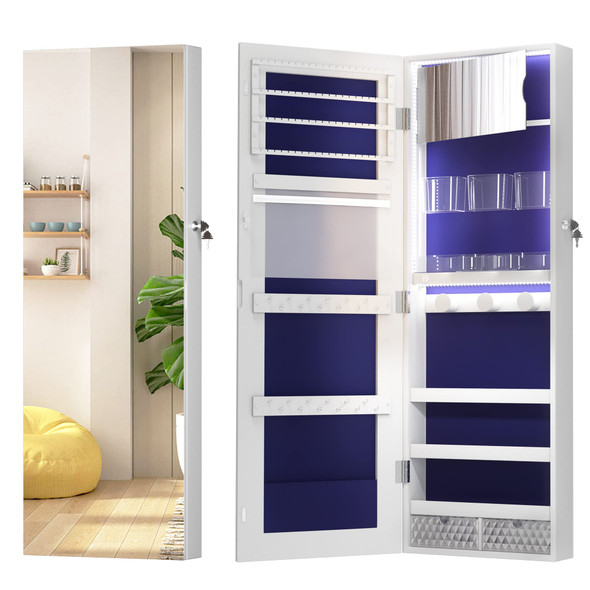 VLSRKA 3 LED LIGHTS JEWELRY CABINET FULL-LENGTH MIRROR - WHITE/DARK BLUE