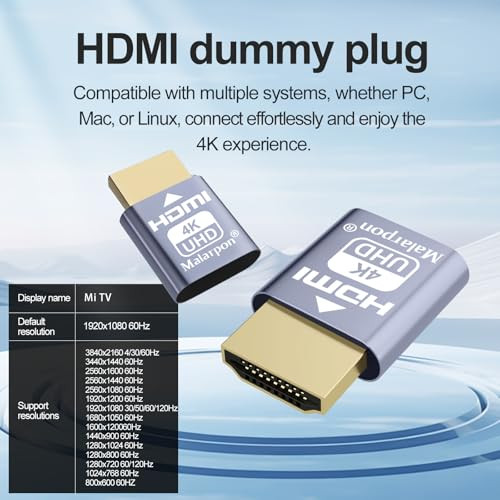 Malarpon HDMI Dummy Plug Fit Headless Display Emulator - 6P New