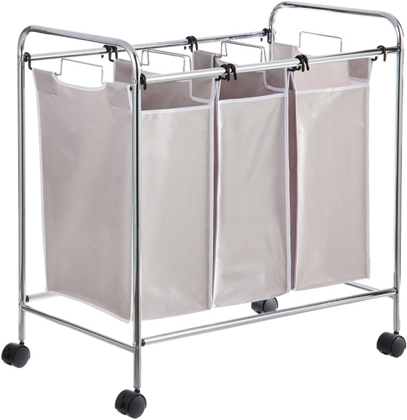 Amazon Basics 3-Bag Laundry Sorter with Removable Bags Metal Frame Gray New