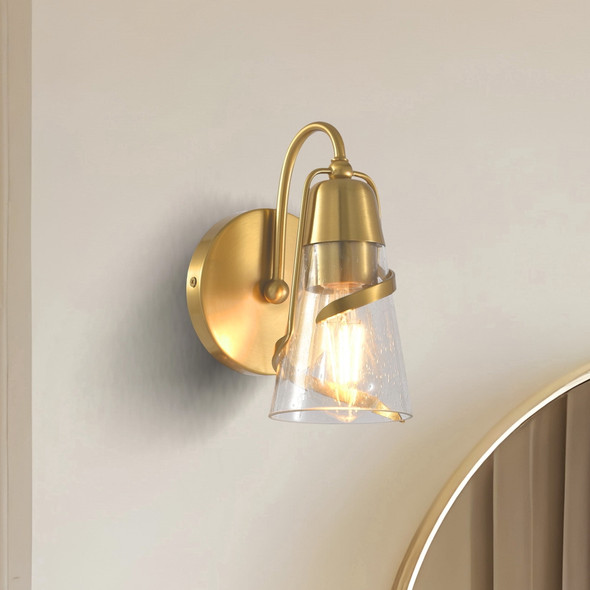 PARROT UNCLE MODERN 1-LIGHT GOLD WALL SCONCE LIGHT WITH SEEDED GLASS SHADE, GOLD