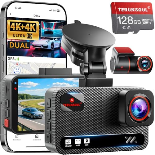 TERUNSOUL 4K+4K DASH CAM FRONT REAR 128GB CAR MEMORY - DARK GRAY