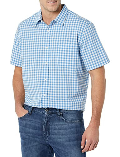 AMAZON Essentials Men's Short Sleeve Dress Shirt, LIGHT BLUE/WHITE/GRAY GINGHAM New