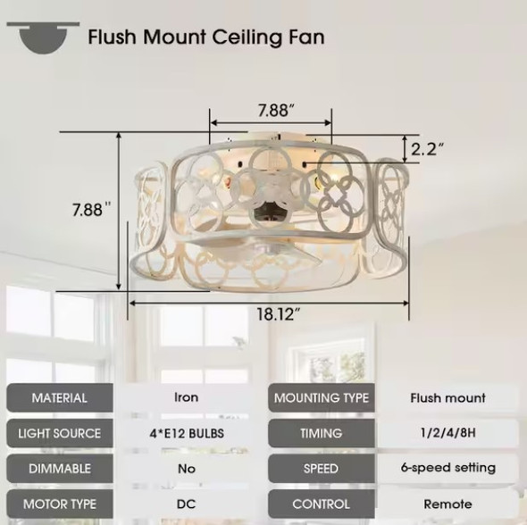 FARMHOUSE 18 IN. FARMHOUSE FLUSH MOUNT CEILING FAN W/ LIGHT AND REMOTE - WHITE