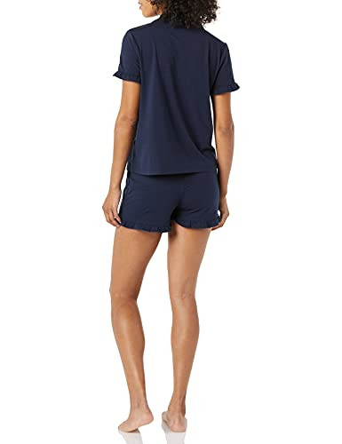 AMAZON ESSENTIALS WOMEN'S COTTON MODAL PIPED NOTCH COLLAR PAJAMA SET - NAVY - L New