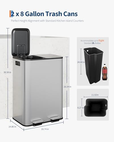 GARVEE DUAL TRASH CAN, 2 X 8 GAL (2 X 30L) STAINLESS STEEL RECYCLING BIN - SMALL
