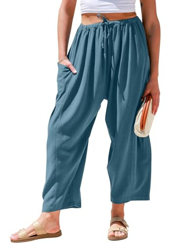 TARSE WOMENS LINEN WIDE LEG PANTS WITH POCKETS SIZE: WOMEN L - LAKE BLUE New