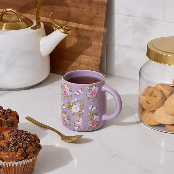 THYME & TABLE 14.5 FL OZ  STONEWARE MUG, SET OF 2 - PURPLE FLORAL