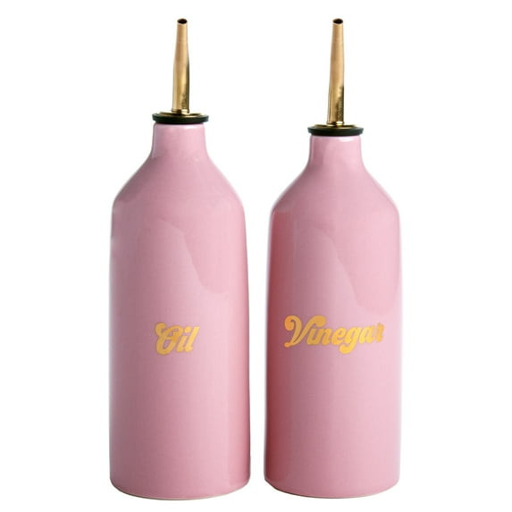 PARIS HILTON CERAMIC OIL AND VINEGAR CRUET SET, DRIP-FREE SPOUTS, GOLD DETAILS